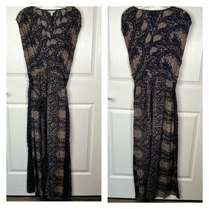Lucky Brand Blue & Tan Boho Maxi Dress Side Slits Cap Sleeves Sz S Belted